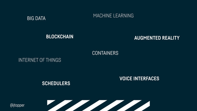 BIG DATA
BLOCKCHAIN
INTERNET OF THINGS
CONTAINERS
SCHEDULERS
MACHINE LEARNING
AUGMENTED REALITY
VOICE INTERFACES
@jtopper
