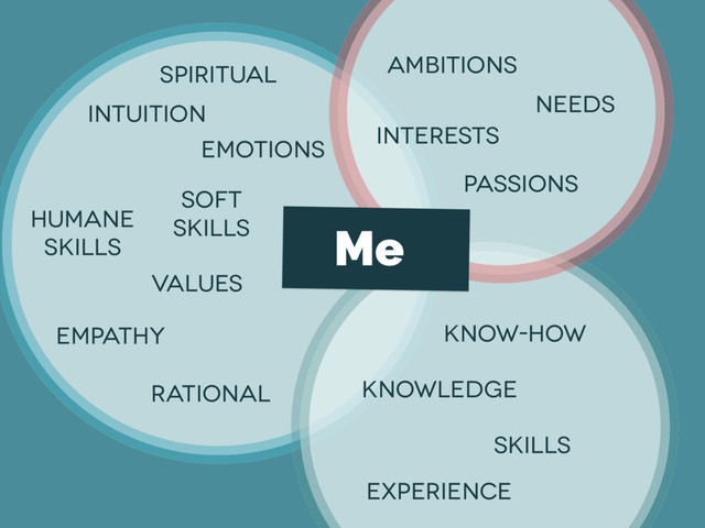 skills
Ambitions
knowledge
interests
Passions
values
humane
skills
soft
skills
know-how
needs
empathy
experience
Me
intuition
rational
spiritual
emotions
