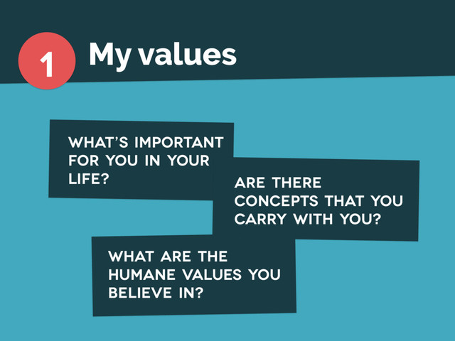 What’s important
for you in your
life? are there
concepts that you
carry with you?
what are the
humane values you
believe in?
1 My values
