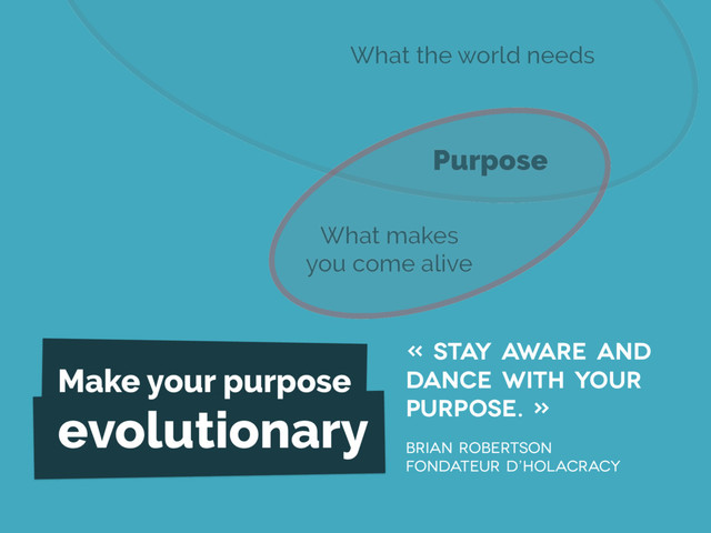 What the world needs
What makes
you come alive
Purpose
« Stay aware and
dance with your
purpose. »
Make your purpose
evolutionary
Brian robertson
Fondateur d’Holacracy

