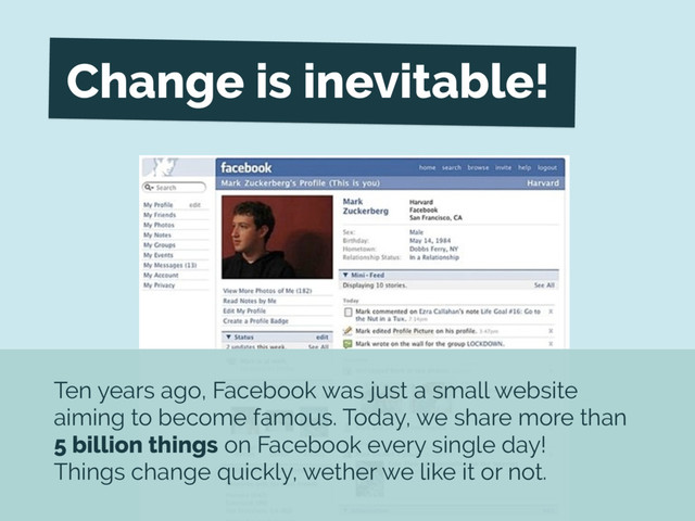 Ten years ago, Facebook was just a small website
aiming to become famous. Today, we share more than
5 billion things on Facebook every single day!
Things change quickly, wether we like it or not.
Change is inevitable!
