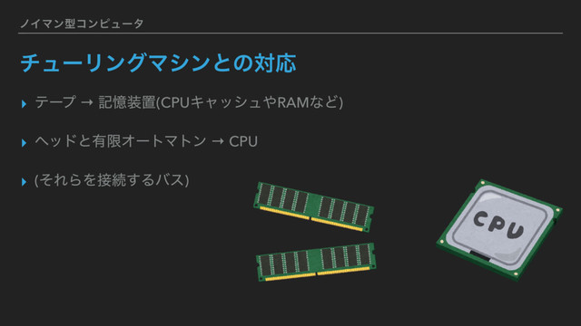 ϊΠϚϯܕίϯϐϡʔλ
νϡʔϦϯάϚγϯͱͷରԠ
▸ ςʔϓ → هԱ૷ஔ(CPUΩϟογϡ΍RAMͳͲ)
▸ ϔουͱ༗ݶΦʔτϚτϯ → CPU
▸ (ͦΕΒΛ઀ଓ͢Δόε)
