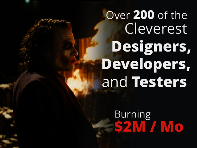 $2M / Mo
Over 200 of the
Cleverest
Designers,
Developers,
and Testers
Burning
