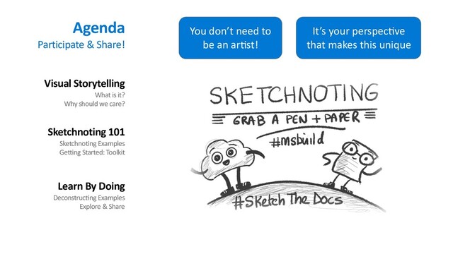 Agenda
Participate & Share!
Visual Storytelling
What is it?
Why should we care?
Sketchnoting 101
Sketchnoting Examples
Getting Started: Toolkit
Learn By Doing
Deconstruc=ng Examples
Explore & Share
You don’t need to
be an arAst!
It’s your perspecAve
that makes this unique
