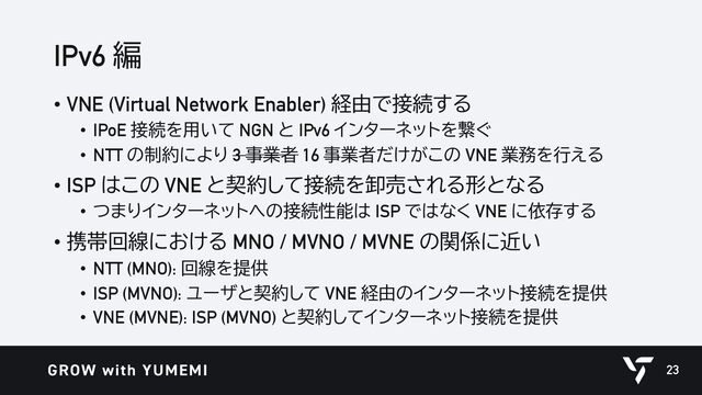 IPv6 編
• VNE (Virtual Network Enabler) 経由で接続する
• IPoE 接続を用いて NGN と IPv6 インターネットを繋ぐ
• NTT の制約により 3 事業者 16 事業者だけがこの VNE 業務を行える
• ISP はこの VNE と契約して接続を卸売される形となる
• つまりインターネットへの接続性能は ISP ではなく VNE に依存する
• 携帯回線における MNO / MVNO / MVNE の関係に近い
• NTT (MNO): 回線を提供
• ISP (MVNO): ユーザと契約して VNE 経由のインターネット接続を提供
• VNE (MVNE): ISP (MVNO) と契約してインターネット接続を提供
23
