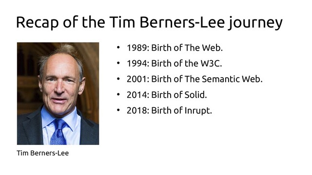Recap of the Tim Berners-Lee journey
●
1989: Birth of The Web.
●
1994: Birth of the W3C.
●
2001: Birth of The Semantic Web.
●
2014: Birth of Solid.
●
2018: Birth of Inrupt.
Tim Berners-Lee
