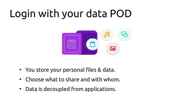 Login with your data POD
●
You store your personal files & data.
●
Choose what to share and with whom.
●
Data is decoupled from applications.
