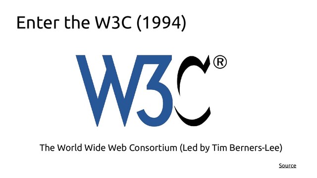 Enter the W3C (1994)
The World Wide Web Consortium (Led by Tim Berners-Lee)
Source
