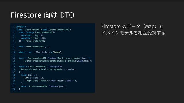 Firestore 向け DTO
Firestore のデータ（Map）と
ドメインモデルを相互変換する

