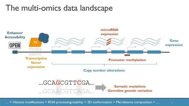 2
Gene
expression
TTTGCA
AAACGT
TF
Transcription
factor
expression
Copy number alterations
The multi-omics data landscape
Promoter methylation
microRNA
expression
…GCAGCGTTCGA…
…GCAACGTTAGA…
Somatic mutations
Germline genetic variation
Enhancer
Accessibility
Protein
abundance
Metabolite
concentrations
… + Histone modifications + RNA processing/stability + 3D conformation + Microbiome composition + … 2
