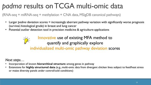 12
• Larger padma deviation scores = increasingly aberrant pathway variation with significantly worse prognosis
(survival, histological grade) in breast and lung cancer
• Potential outlier detection tool in precision medicine & agriculture applications
Innovative use of existing MFA method to
quantify and graphically explore
individualized multi-omic pathway deviation scores
Next steps…
• Incorporation of known hierarchical structure among genes in pathway
• Extensions for highly structured data (e.g., multi-omic data from divergent chicken lines subject to feed/heat stress
or maize diversity panels under control/cold conditions)
padma results on TCGA multi-omic data
(RNA-seq + miRNA-seq + methylation + CNA data, MSigDB canonical pathways)
