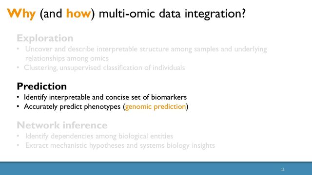 13
Why (and how) multi-omic data integration?
Exploration
• Uncover and describe interpretable structure among samples and underlying
relationships among omics
• Clustering, unsupervised classification of individuals
Prediction
• Identify interpretable and concise set of biomarkers
• Accurately predict phenotypes (genomic prediction)
Network inference
• Identify dependencies among biological entities
• Extract mechanistic hypotheses and systems biology insights
