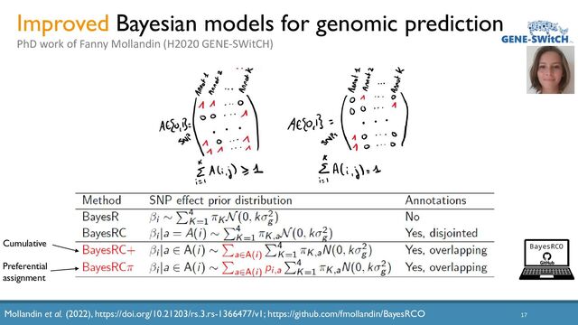 17
Improved Bayesian models for genomic prediction
PhD work of Fanny Mollandin (H2020 GENE-SWitCH)
Cumulative
Preferential
assignment
Mollandin et al. (2022), https://doi.org/10.21203/rs.3.rs-1366477/v1; https://github.com/fmollandin/BayesRCO
