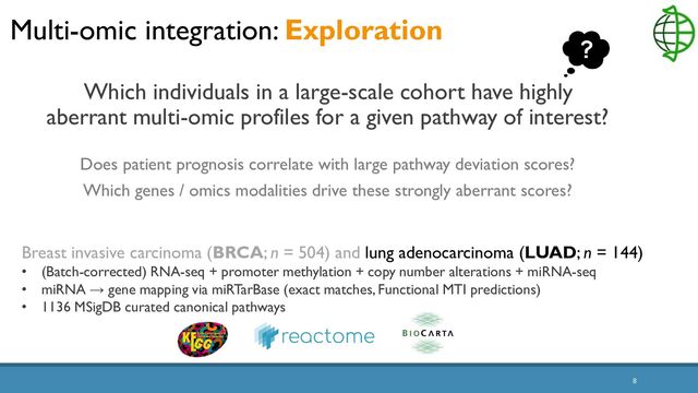 8
Which individuals in a large-scale cohort have highly
aberrant multi-omic profiles for a given pathway of interest?
Does patient prognosis correlate with large pathway deviation scores?
Which genes / omics modalities drive these strongly aberrant scores?
Multi-omic integration: Exploration
Breast invasive carcinoma (BRCA; n = 504) and lung adenocarcinoma (LUAD; n = 144)
• (Batch-corrected) RNA-seq + promoter methylation + copy number alterations + miRNA-seq
• miRNA → gene mapping via miRTarBase (exact matches, Functional MTI predictions)
• 1136 MSigDB curated canonical pathways
