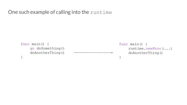 func main() {
go doSomething()
doAnotherThing()
}
func main() {
runtime.newProc(...)
doAnotherThing()
}
One such example of calling into the runtime
