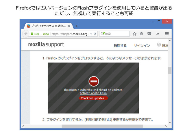 Firefoxでは古いバージョンのFlashプラグインを使用していると警告が出る
ただし、無視して実行することも可能
