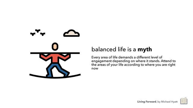 balanced life is a myth
Every area of life demands a different level of
engagement depending on where it stands. Attend to
the areas of your life according to where you are right
now
Living Forward, by Michael Hyatt
