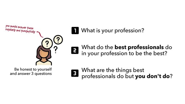 Be honest to yourself
 
and answer 3 questions
What do the best professionals do
in your profession to be the best?
What is your profession?
What are the things best
professionals do but you don't do?
you should answer these


regularly and thoughtfully
