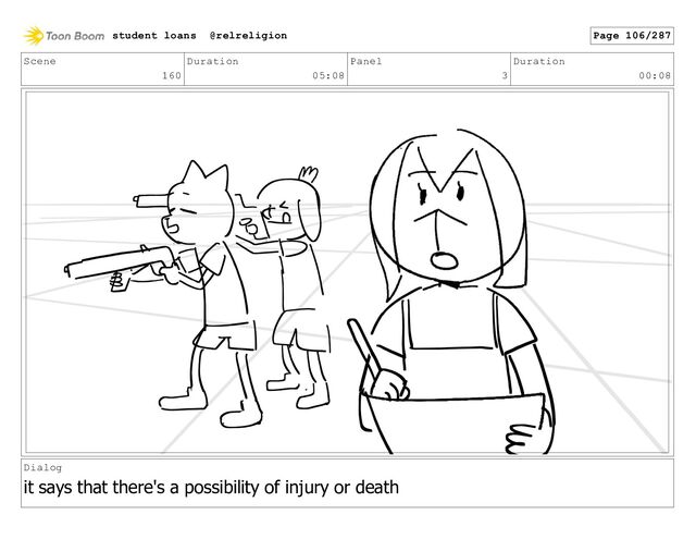 Scene
160
Duration
05:08
Panel
3
Duration
00:08
Dialog
it says that there's a possibility of injury or death
student loans @relreligion Page 106/287
