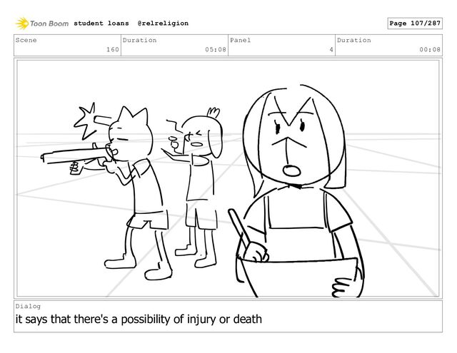 Scene
160
Duration
05:08
Panel
4
Duration
00:08
Dialog
it says that there's a possibility of injury or death
student loans @relreligion Page 107/287
