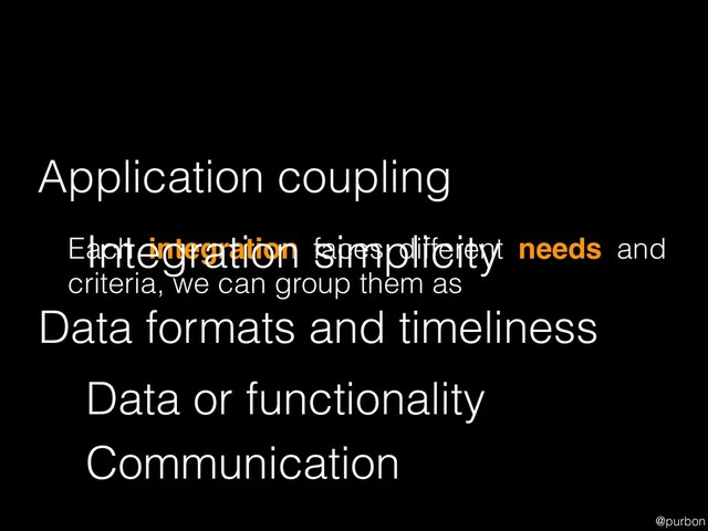 @purbon
Each integration faces different needs and
criteria, we can group them as
Application coupling
Integration simplicity
Data formats and timeliness
Data or functionality
Communication

