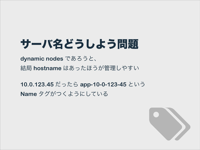 αʔό໊Ͳ͏͠Α͏໰୊
dynamic nodes Ͱ͋Ζ͏ͱɺ 
݁ہ hostname ͸͋ͬͨ΄͏͕؅ཧ͠΍͍͢
!
10.0.123.45 ͩͬͨΒ app-10-0-123-45 ͱ͍͏ 
Name λά͕ͭ͘Α͏ʹ͍ͯ͠Δ
&
