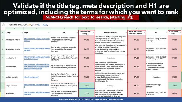 #SEOLOWHANGINGFRUIT BY @ALEYDA FROM #ORAINTI AT #SEARCHLOVE
SEARCH(search_for, text_to_search, [starting_at])
Validate if the title tag, meta description and H1 are
optimized, including the terms for which you want to rank
