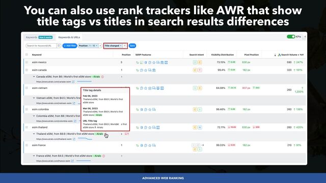 #SEOLOWHANGINGFRUIT BY @ALEYDA FROM #ORAINTI AT #SEARCHLOVE
You can also use rank trackers like AWR that show
 
title tags vs titles in search results differences
ADVANCED WEB RANKING
