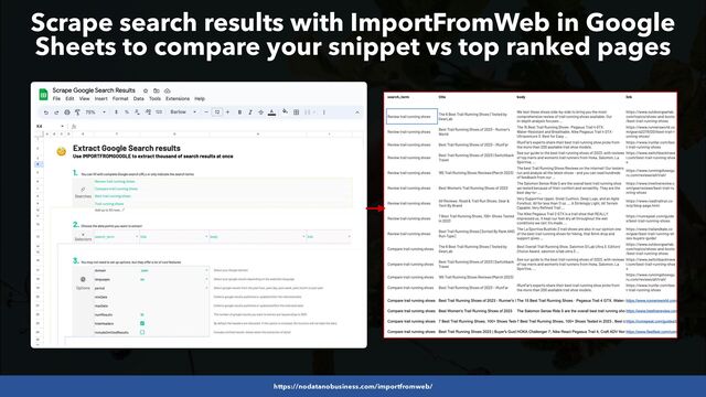 #SEOLOWHANGINGFRUIT BY @ALEYDA FROM #ORAINTI AT #SEARCHLOVE
Scrape search results with ImportFromWeb in Google
Sheets to compare your snippet vs top ranked pages
https://nodatanobusiness.com/importfromweb/
