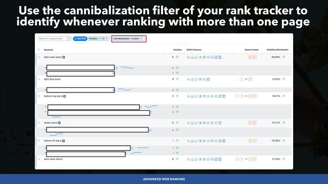 #SEOLOWHANGINGFRUIT BY @ALEYDA FROM #ORAINTI AT #SEARCHLOVE
ADVANCED WEB RANKING
Use the cannibalization filter of your rank tracker to
identify whenever ranking with more than one page
