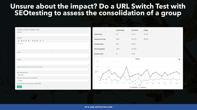 #SEOLOWHANGINGFRUIT BY @ALEYDA FROM #ORAINTI AT #SEARCHLOVE
RYTE AND SEOTESTING.COM
Unsure about the impact? Do a URL Switch Test with
SEOtesting to assess the consolidation of a group
