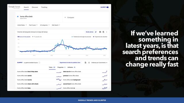 #SEOLOWHANGINGFRUIT BY @ALEYDA FROM #ORAINTI AT #SEARCHLOVE
GOOGLE TRENDS AND GLIMPSE
If we’ve learned
something in
latest years, is that
search preferences
and trends can
change really fast
