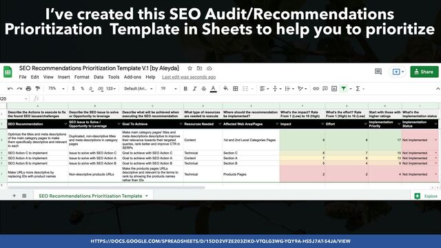 #SEOLOWHANGINGFRUIT BY @ALEYDA FROM #ORAINTI AT #SEARCHLOVE
HTTPS://DOCS.GOOGLE.COM/SPREADSHEETS/D/15DD2VFZE203ZIKD-VTQLG3WG-YQY9A-HS5J7AT- S4JA/VIEW
I’ve created this SEO Audit/Recommendations
Prioritization Template in Sheets to help you to prioritize
