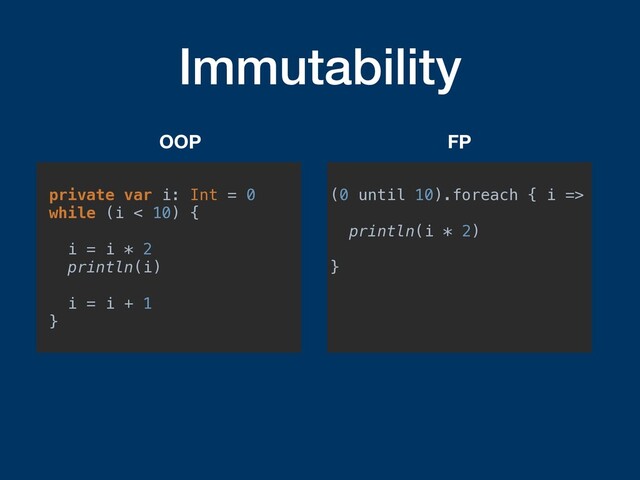 Immutability
private var i: Int = 0
while (i < 10) {
i = i * 2
println(i)
i = i + 1
}
OOP
(0 until 10).foreach { i =>
println(i * 2)
}
FP
