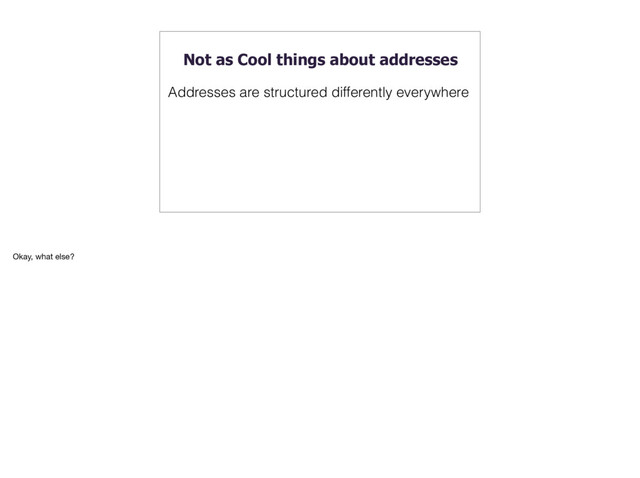 Not as Cool things about addresses
Addresses are structured differently everywhere
Okay, what else?
