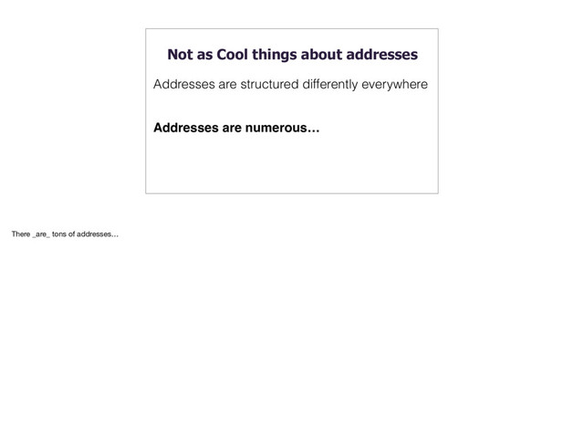 Not as Cool things about addresses
Addresses are structured differently everywhere
Addresses are numerous…
There _are_ tons of addresses…
