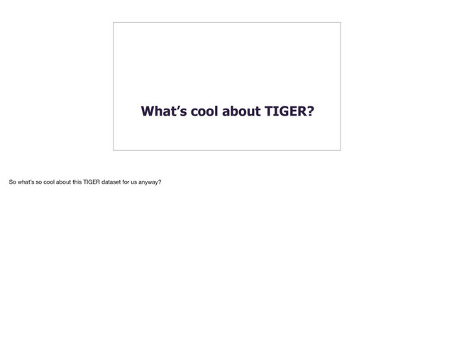 What’s cool about TIGER?
So what’s so cool about this TIGER dataset for us anyway?
