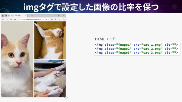 img
<img class="image1" src="cat_1.png" alt="">
<img class="image2" src="cat_2.png" alt="">
<img class="image3" src="cat_3.png" alt="">
HTMLίʔυ
