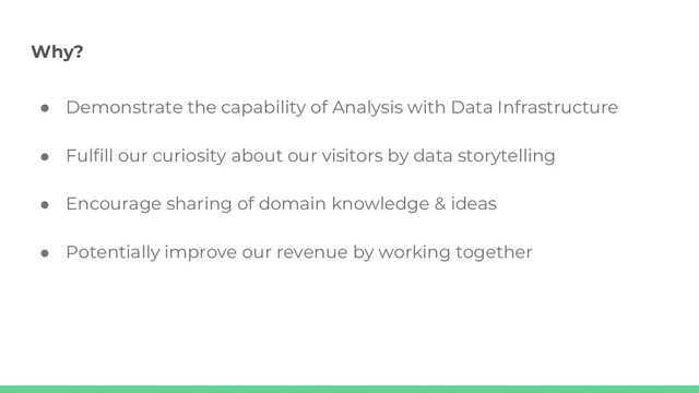 Why?
● Demonstrate the capability of Analysis with Data Infrastructure
● Fulfill our curiosity about our visitors by data storytelling
● Encourage sharing of domain knowledge & ideas
● Potentially improve our revenue by working together
