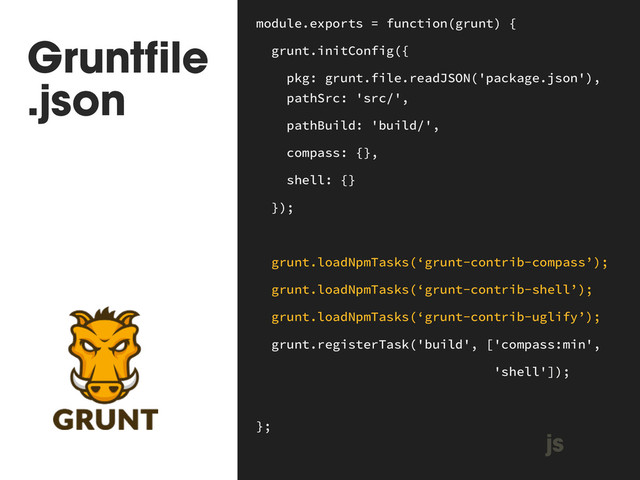 Gruntfile
.json
module.exports = function(grunt) {
grunt.initConfig({
pkg: grunt.file.readJSON('package.json'), 
 
pathSrc: 'src/',
pathBuild: 'build/',
compass: {},
shell: {}
});
!
grunt.loadNpmTasks(‘grunt-contrib-compass’);
grunt.loadNpmTasks(‘grunt-contrib-shell’);
grunt.loadNpmTasks(‘grunt-contrib-uglify’);
grunt.registerTask('build', ['compass:min',
'shell']);
!
};
js
