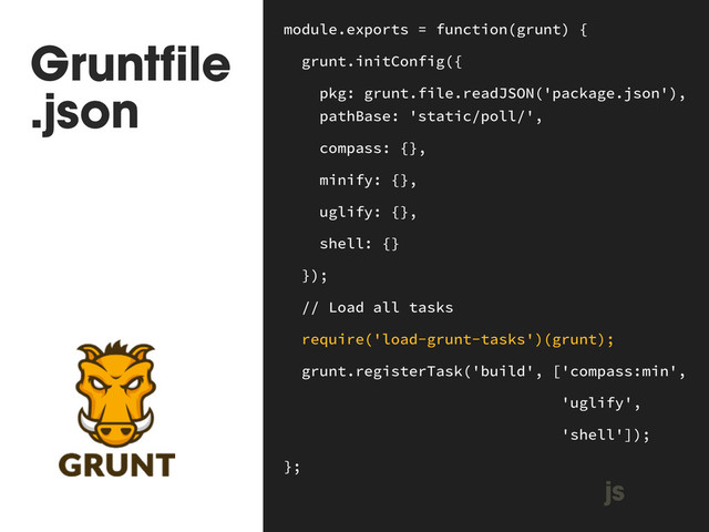 Gruntfile
.json
module.exports = function(grunt) {
grunt.initConfig({
pkg: grunt.file.readJSON('package.json'), 
 
pathBase: 'static/poll/',
compass: {},
minify: {},
uglify: {},
shell: {}
});
// Load all tasks
require('load-grunt-tasks')(grunt);
grunt.registerTask('build', ['compass:min',
'uglify',
'shell']);
};
js
