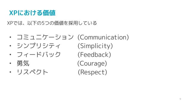 9
XPにおける価値
XPでは、以下の5つの価値を採用している
• コミュニケーション (Communication)
• シンプリシティ (Simplicity)
• フィードバック (Feedback)
• 勇気 (Courage)
• リスペクト (Respect)
