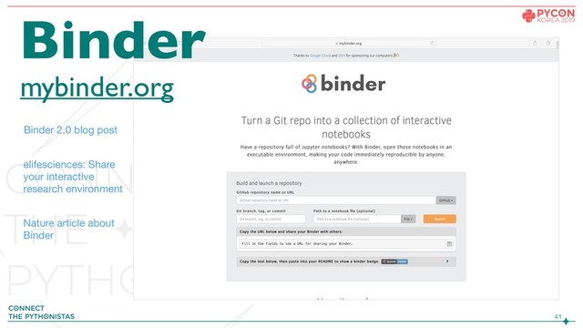 !41
Binder
mybinder.org
Binder 2.0 blog post
elifesciences: Share
your interactive
research environment
Nature article about
Binder
