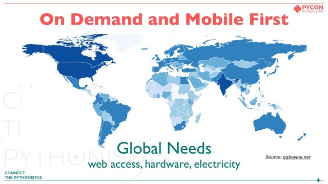 On Demand and Mobile First
web access, hardware, electricity Source: pgbovine.net
Global Needs
