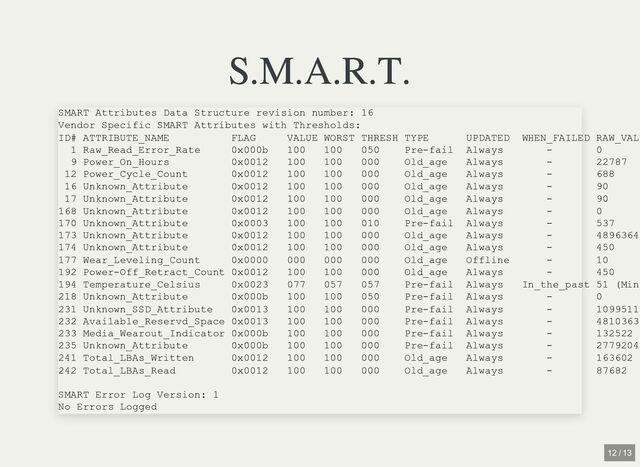 S.M.A.R.T.
S.M.A.R.T.
SMART Attributes Data Structure revision number: 16

Vendor Specific SMART Attributes with Thresholds:

ID# ATTRIBUTE_NAME FLAG VALUE WORST THRESH TYPE UPDATED WHEN_FAILED RAW_VALU
1 Raw_Read_Error_Rate 0x000b 100 100 050 Pre-fail Always - 0

9 Power_On_Hours 0x0012 100 100 000 Old_age Always - 22787

12 Power_Cycle_Count 0x0012 100 100 000 Old_age Always - 688

16 Unknown_Attribute 0x0012 100 100 000 Old_age Always - 90

17 Unknown_Attribute 0x0012 100 100 000 Old_age Always - 90

168 Unknown_Attribute 0x0012 100 100 000 Old_age Always - 0

170 Unknown_Attribute 0x0003 100 100 010 Pre-fail Always - 537

173 Unknown_Attribute 0x0012 100 100 000 Old_age Always - 4896364
174 Unknown_Attribute 0x0012 100 100 000 Old_age Always - 450

177 Wear_Leveling_Count 0x0000 000 000 000 Old_age Offline - 10

192 Power-Off_Retract_Count 0x0012 100 100 000 Old_age Always - 450

194 Temperature_Celsius 0x0023 077 057 057 Pre-fail Always In_the_past 51 (Min
218 Unknown_Attribute 0x000b 100 100 050 Pre-fail Always - 0

231 Unknown_SSD_Attribute 0x0013 100 100 000 Pre-fail Always - 1099511
232 Available_Reservd_Space 0x0013 100 100 000 Pre-fail Always - 4810363
233 Media_Wearout_Indicator 0x000b 100 100 000 Pre-fail Always - 132522

235 Unknown_Attribute 0x000b 100 100 000 Pre-fail Always - 2779204
241 Total_LBAs_Written 0x0012 100 100 000 Old_age Always - 163602

242 Total_LBAs_Read 0x0012 100 100 000 Old_age Always - 87682

SMART Error Log Version: 1

No Errors Logged
12 / 13
