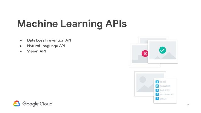 19
● Data Loss Prevention API
● Natural Language API
● Vision API
Machine Learning APIs
