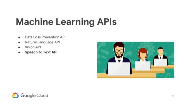 20
● Data Loss Prevention API
● Natural Language API
● Vision API
● Speech to Text API
Machine Learning APIs
