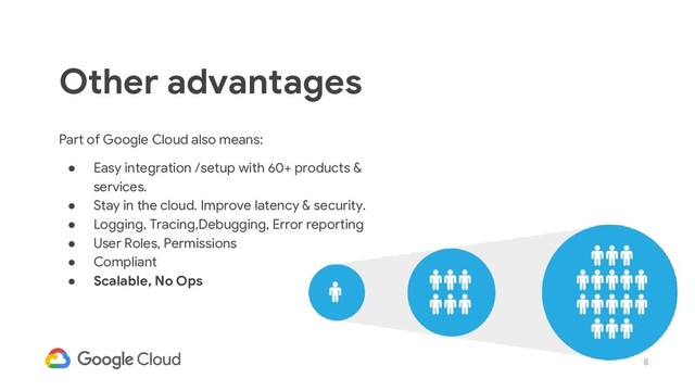 8
Part of Google Cloud also means:
● Easy integration /setup with 60+ products &
services.
● Stay in the cloud. Improve latency & security.
● Logging, Tracing,Debugging, Error reporting
● User Roles, Permissions
● Compliant
● Scalable, No Ops
Other advantages
