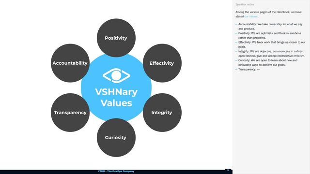 VSHN – The DevOps Company
Among the various pages of the Handbook, we have
stated .
Accountability: We take ownership for what we say
and produce.
Positivity: We are optimists and think in solutions
rather than problems.
Effectivity: We favor work that brings us closer to our
goals.
Integrity: We are objective, communicate in a direct
open fashion, give and accept constructive criticism.
Curiosity: We are open to learn about new and
innovative ways to achieve our goals.
Transparency: …
Speaker notes
our values
9
